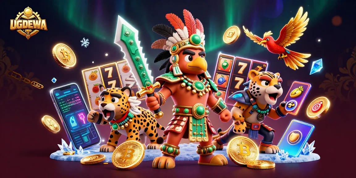 Engage with UGDEWA using thrilling slot machines and crypto elements in a vibrant casino scene.