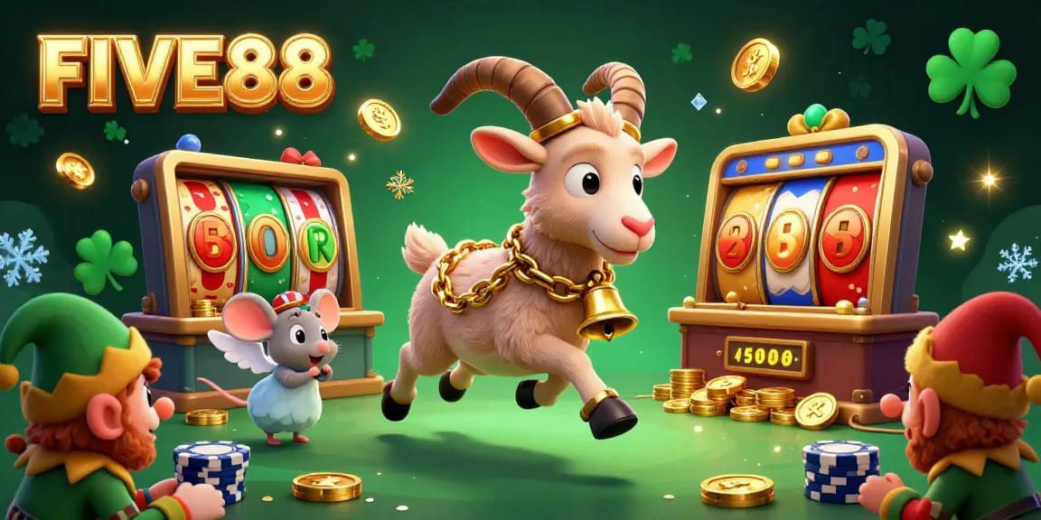 Experience thrilling gameplay at FIVE88 with a festive casino scene of 3D characters and dynamic elements.