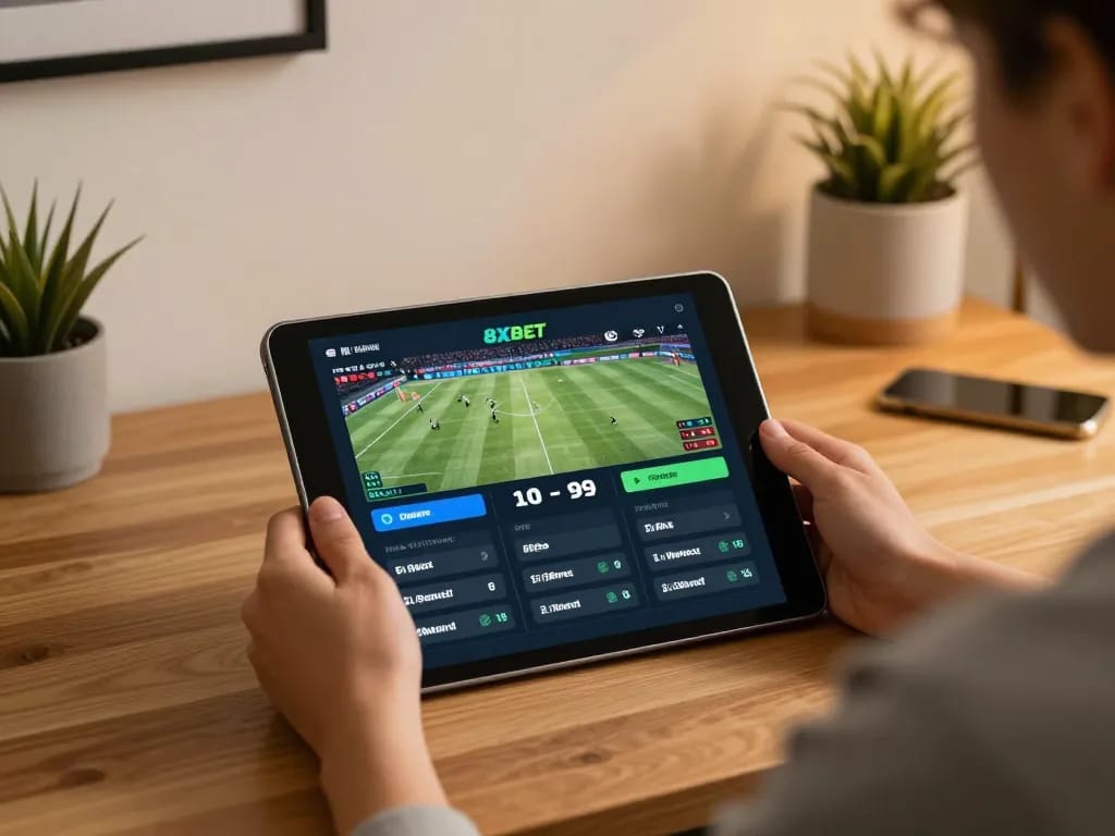 Place strategic bets on sports using 8xbet app in a cozy home setting.