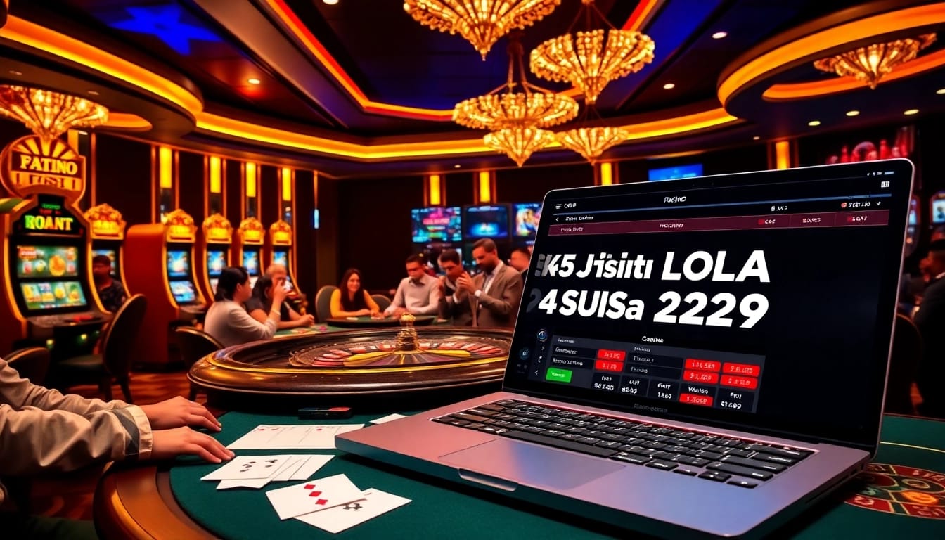 Situs Judi Bola Piala Dunia 2029 featuring an exciting casino table scene with eager players and vibrant slot machines.