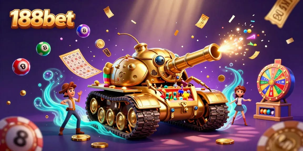 Experience thrilling games at 188bet with confetti and vibrant lottery elements in a lively casino scene.