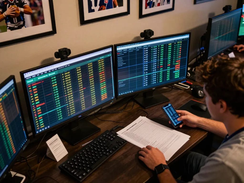 Engaging in online sports betting with ok365 at a dynamic workstation filled with odds analysis.