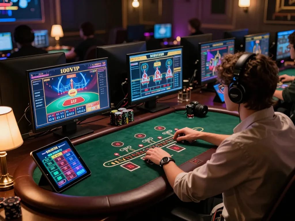 Engaging with 100VIP online casino games in a stylish home gaming setup, showcasing live dealer interaction