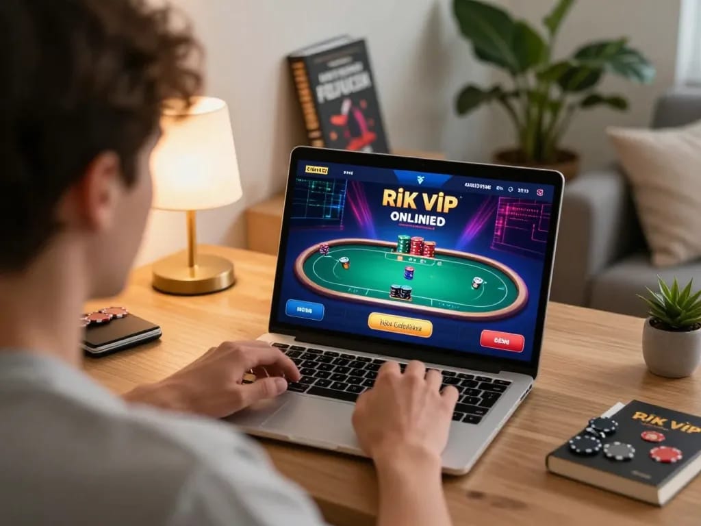Player enjoying a game on rik vip casino platform with vibrant poker interface on laptop