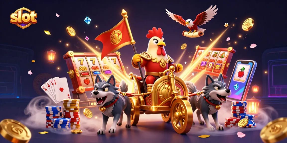 Mainkan slot dengan raja ayam memimpin dalam kereta emas yang dikelilingi koin dan batu permata.
