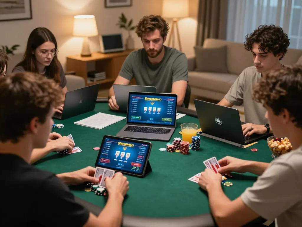 Aksi poker online yang menarik di platform Barcaslot dengan pemain di rumah merancang strategi.