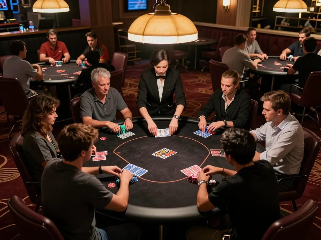 Players engaging in a high-stakes poker game at HM88 casino, highlighting strategic betting.