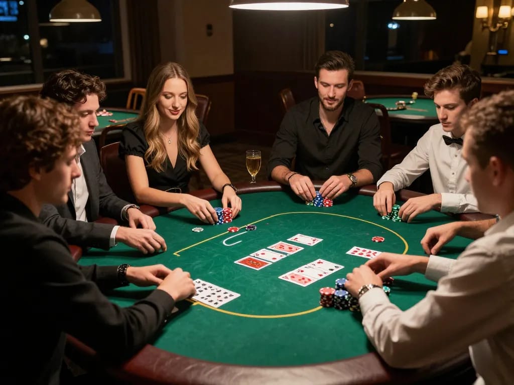 Players enjoying a thrilling poker game on 9bet with colorful chips and cards, capturing a lively casino atmosphere