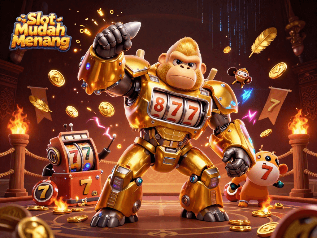 Engage with Slot Mudah Menang and experience exciting gaming with a dynamic golden gorilla mech.