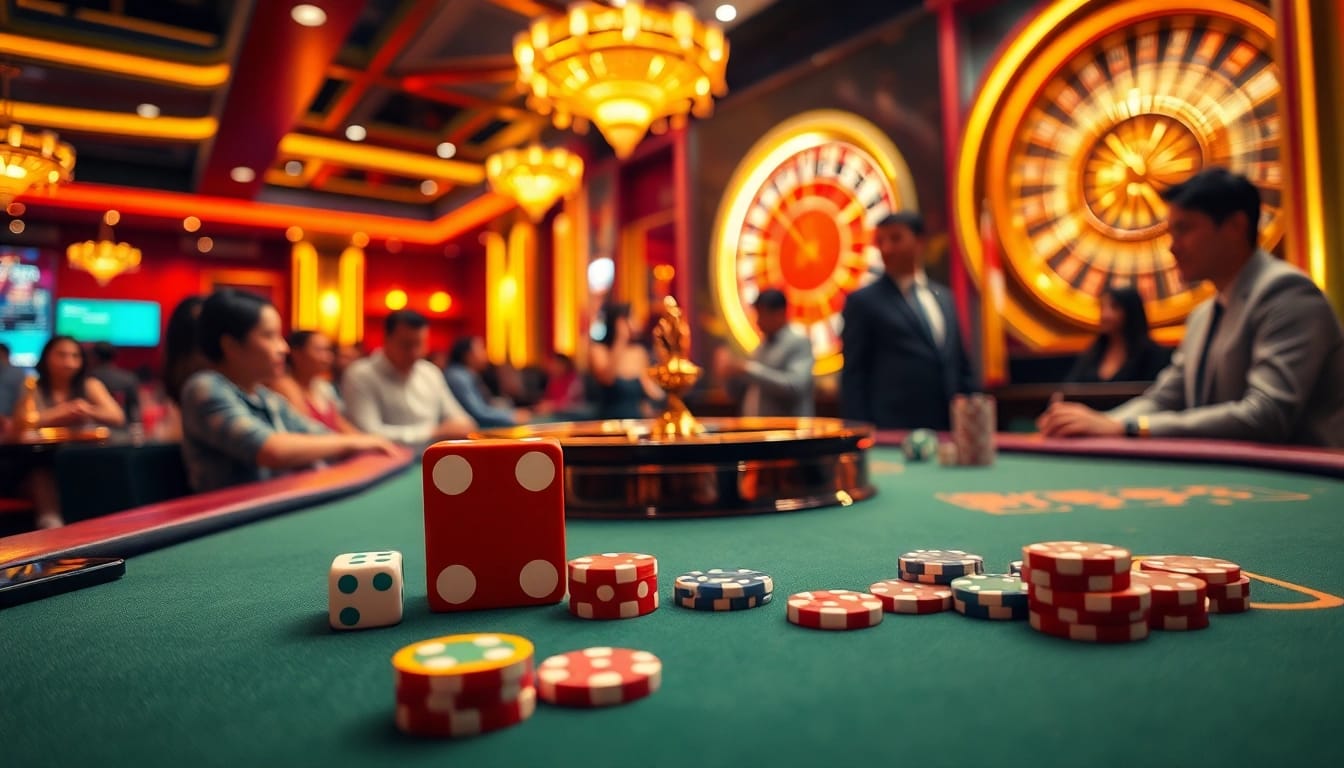 A unique Tài Xỉu MD5 game experience with vibrant casino visuals, showcasing dice action and an inviting atmosphere.