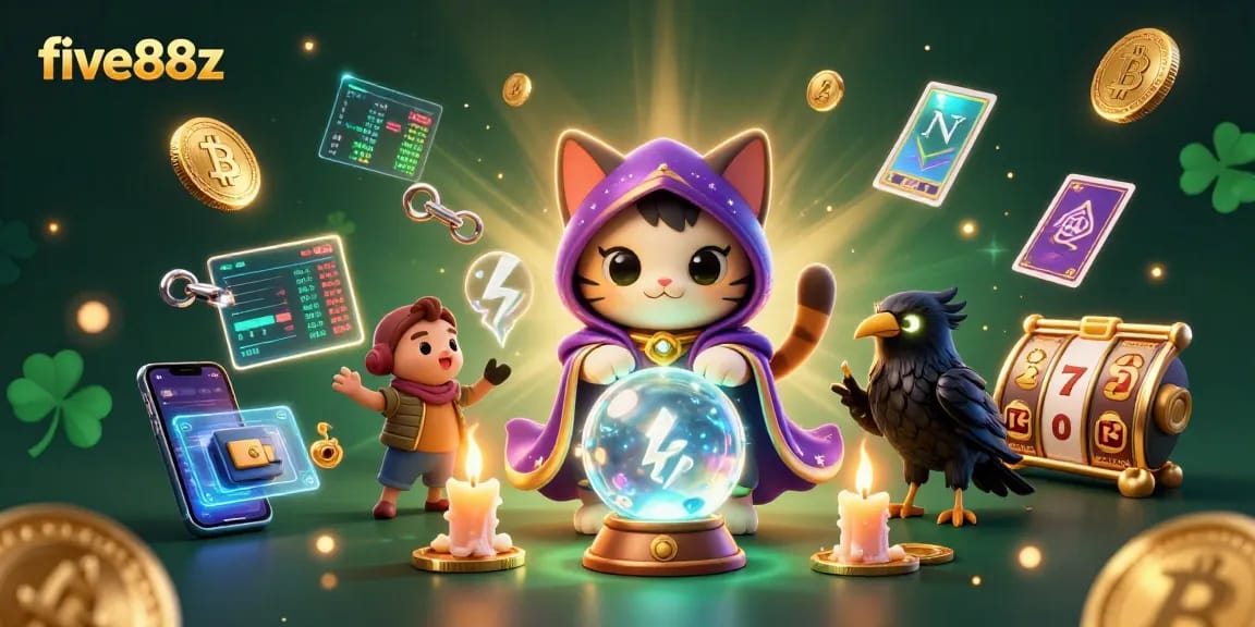 Engage in thrilling action at five88z with a mystical cat and raven under a vibrant casino backdrop.