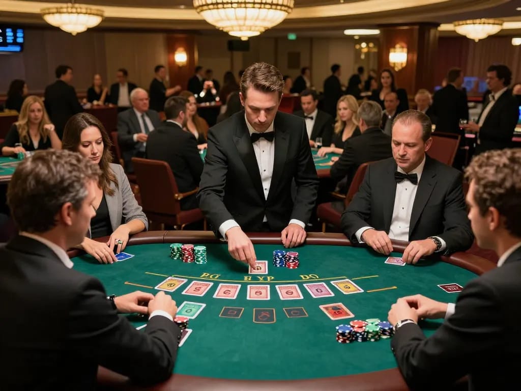 Players engaged in a thrilling blackjack game at a vibrant casino, showcasing strategy and excitement with 5679 chips stacked.