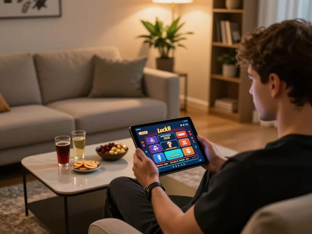 Engaging online gambling experience with Luck8 interface displayed on a tablet, cozy home setup