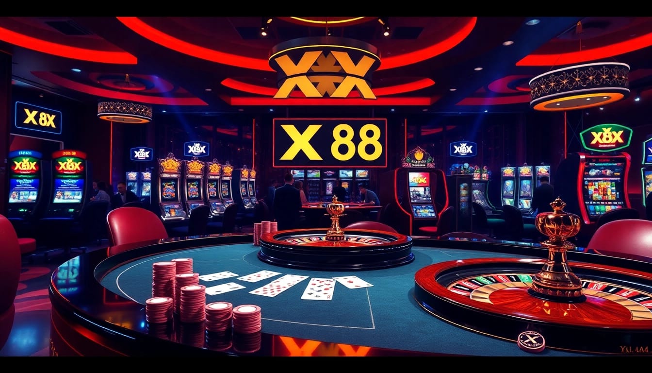 Players enjoying intense games at XX 88 casino with elegant poker table and slot machines.