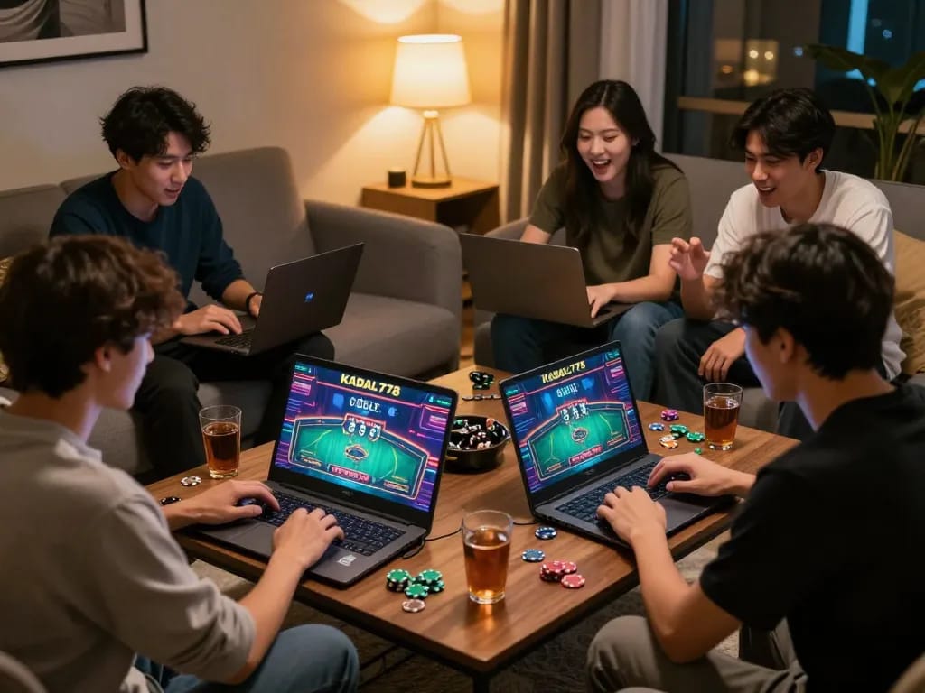 KADAL778 players celebrate wins in a cozy home gaming environment with laptops and drinks.
