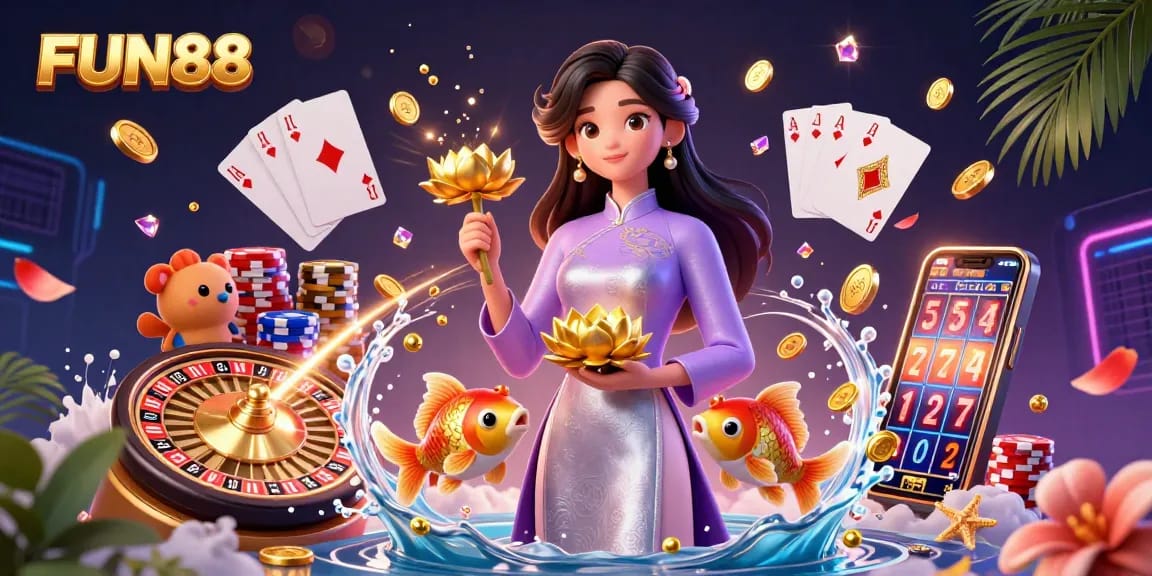 Engage with FUN88's vibrant 3D casino scene featuring Asian elegance, golden koi fish, and dynamic gaming elements for a thrilling experience.