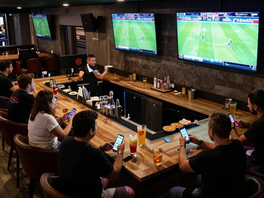 Tỷ Lệ Bóng Đá displayed on multiple screens in an upscale sports bar during live betting activities