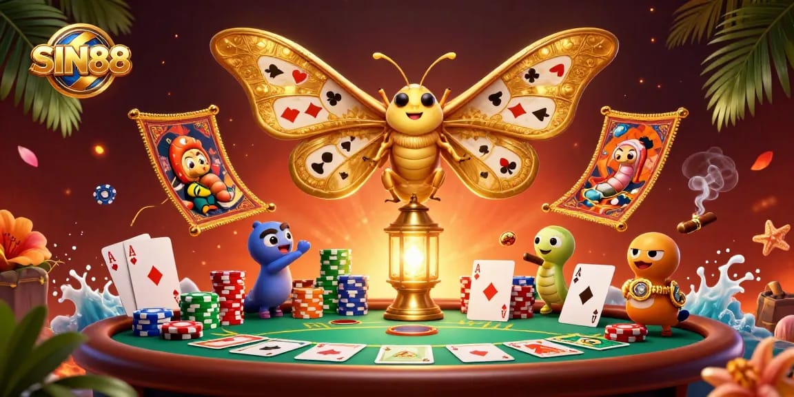SIN88 captures thrilling casino moments with vibrant moths, cards, and rich poker scenes alive.