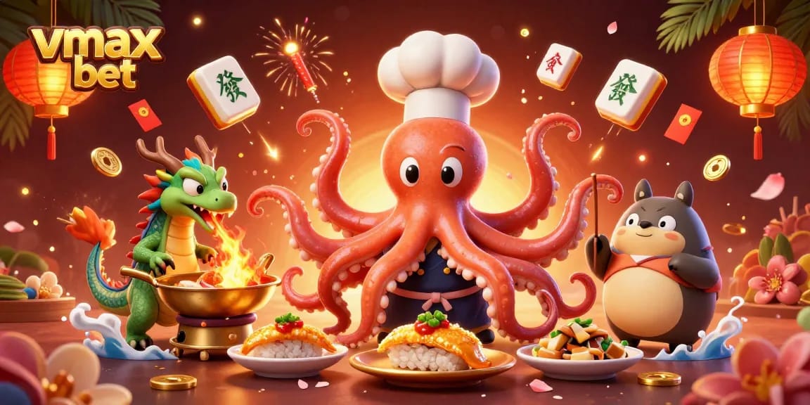 Experience vibrant vmax bet gaming with a dynamic illustration featuring an octopus chef and dragon.
