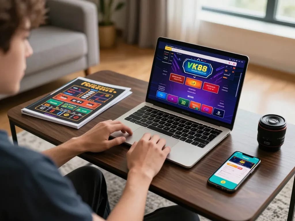 Engaging in VK88 online casino gaming on a laptop while strategizing with notes.