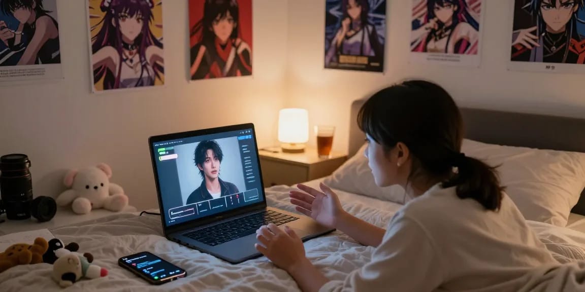 Engage with hentai ai in a cozy bedroom setting, featuring an interactive adult chat experience.
