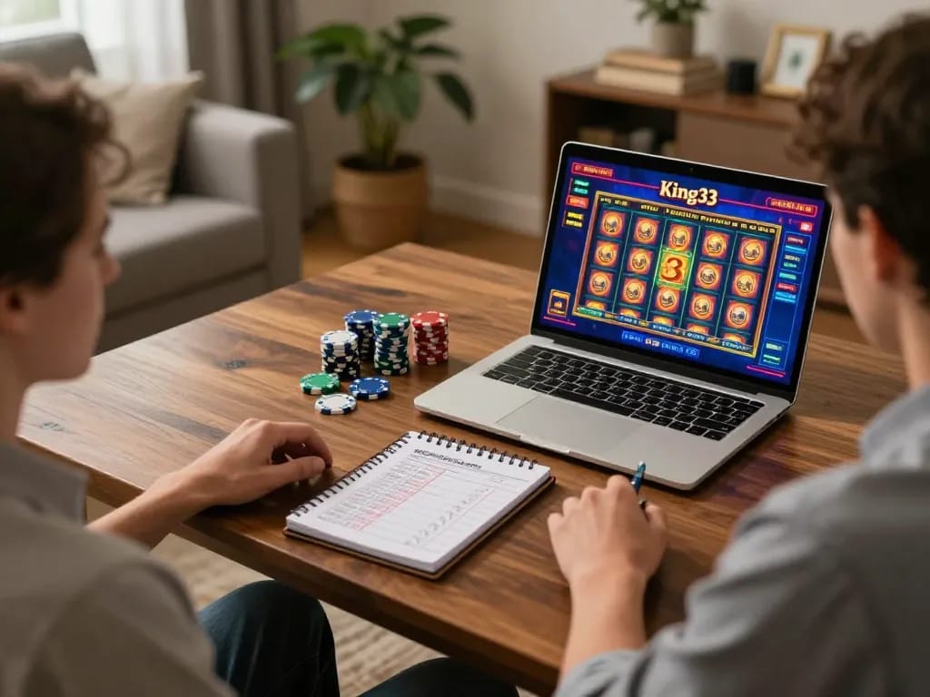 Engaged player exploring king33 online slots on cozy home setup, showcasing strategic betting approach.