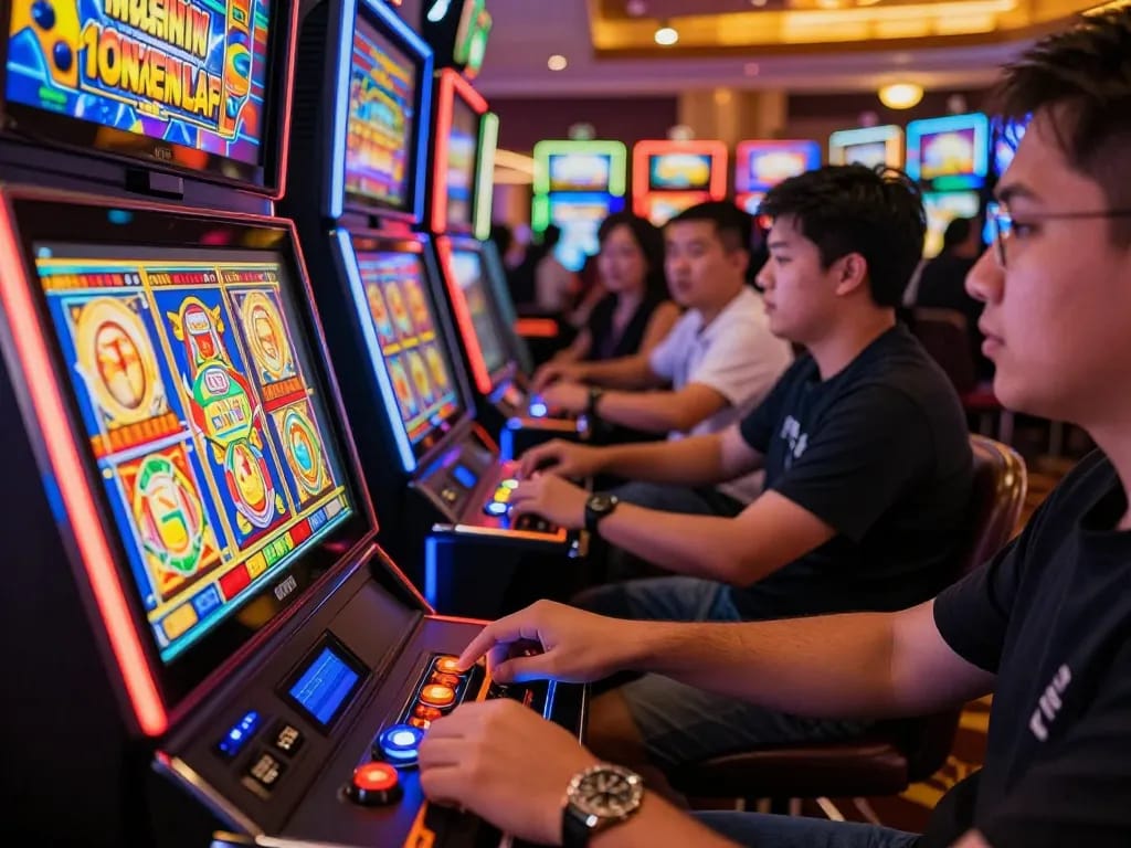 Players celebrating wins at a situs slot online, showcasing vibrant slot machine graphics and excitement