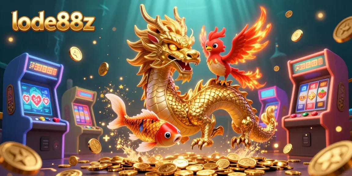 Experience thrilling wins with lode88z, featuring a vibrant scene of mythical creatures and casino elements.