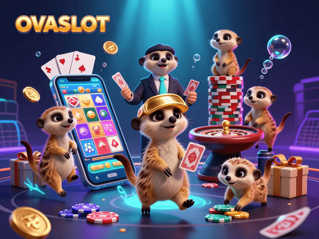 Spin colorful slot games and win with OVASLOT in a vibrant, dynamic casino scene.