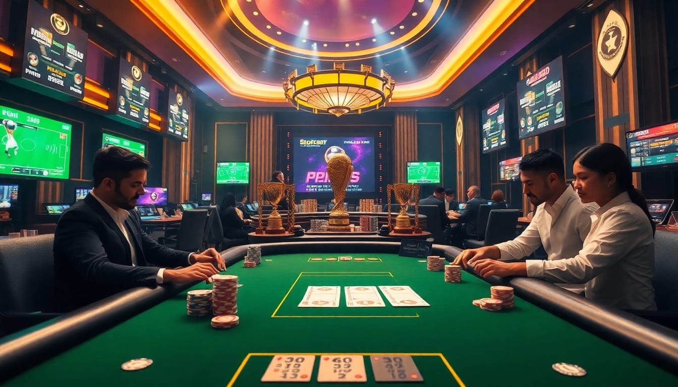 Situs Judi Bola Piala Dunia 2029 betting table showcasing excitement with chips and game screens.