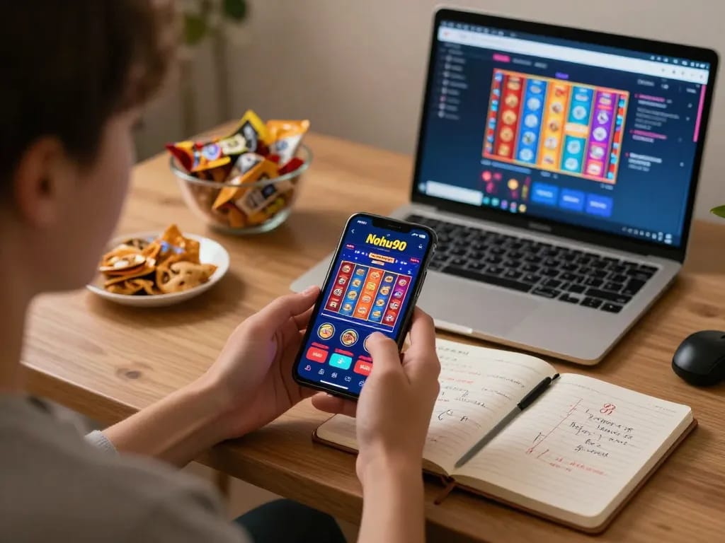 Nohu90 player engaging with mobile slot game interface in a cozy home setup.