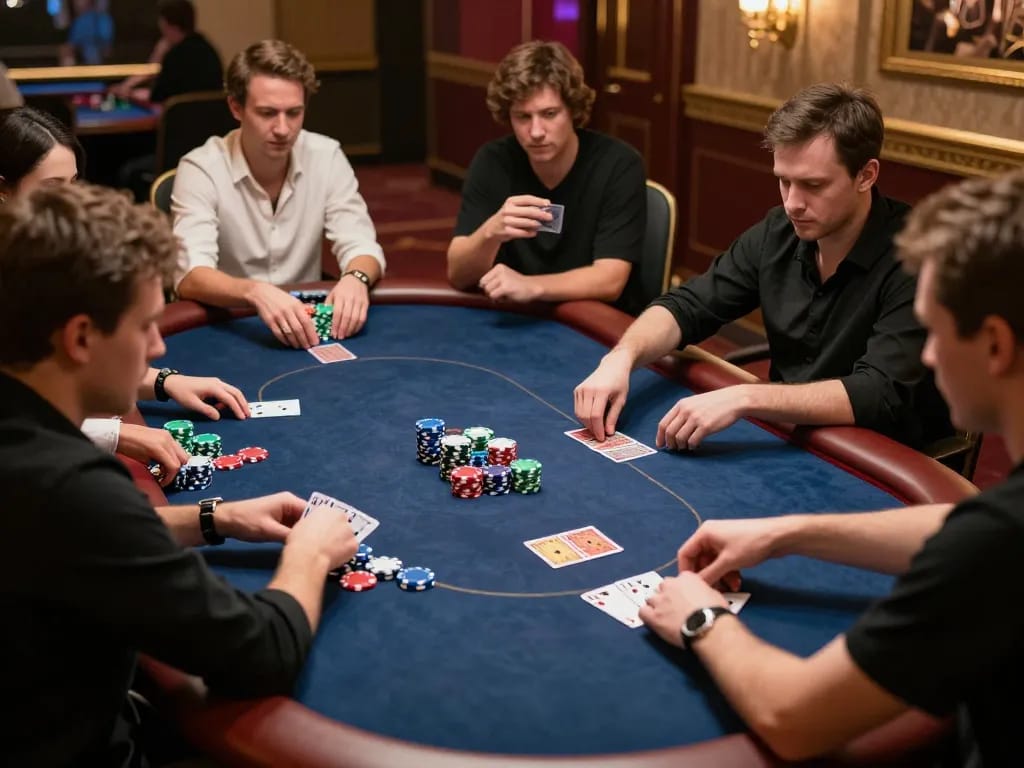 Hello88 poker players engaged in high-stakes strategy, chips stacked high amidst dynamic gameplay.