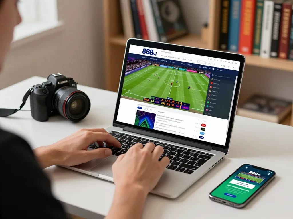 Person placing bets on 888vi online platform with modern home setup, showcasing strategic gambling.