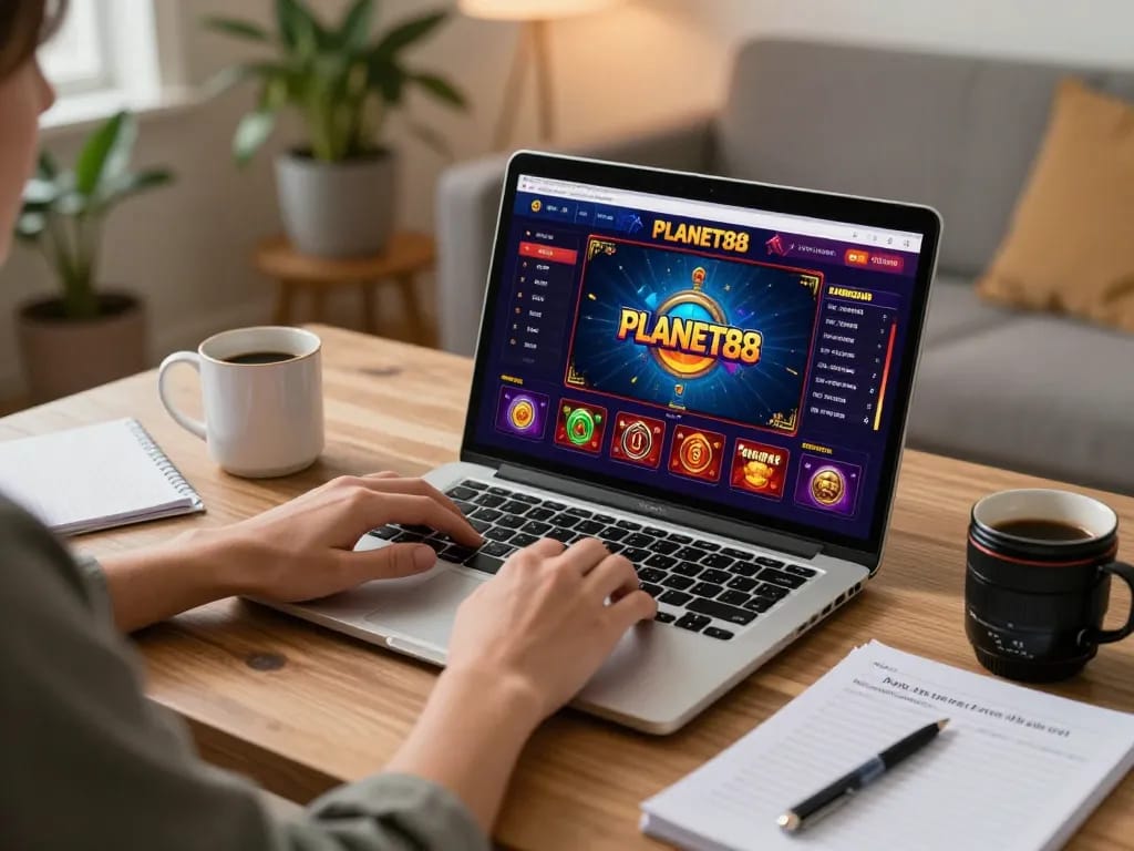 Player engaging with the PLANET88 casino interface on a laptop in a cozy home setup.