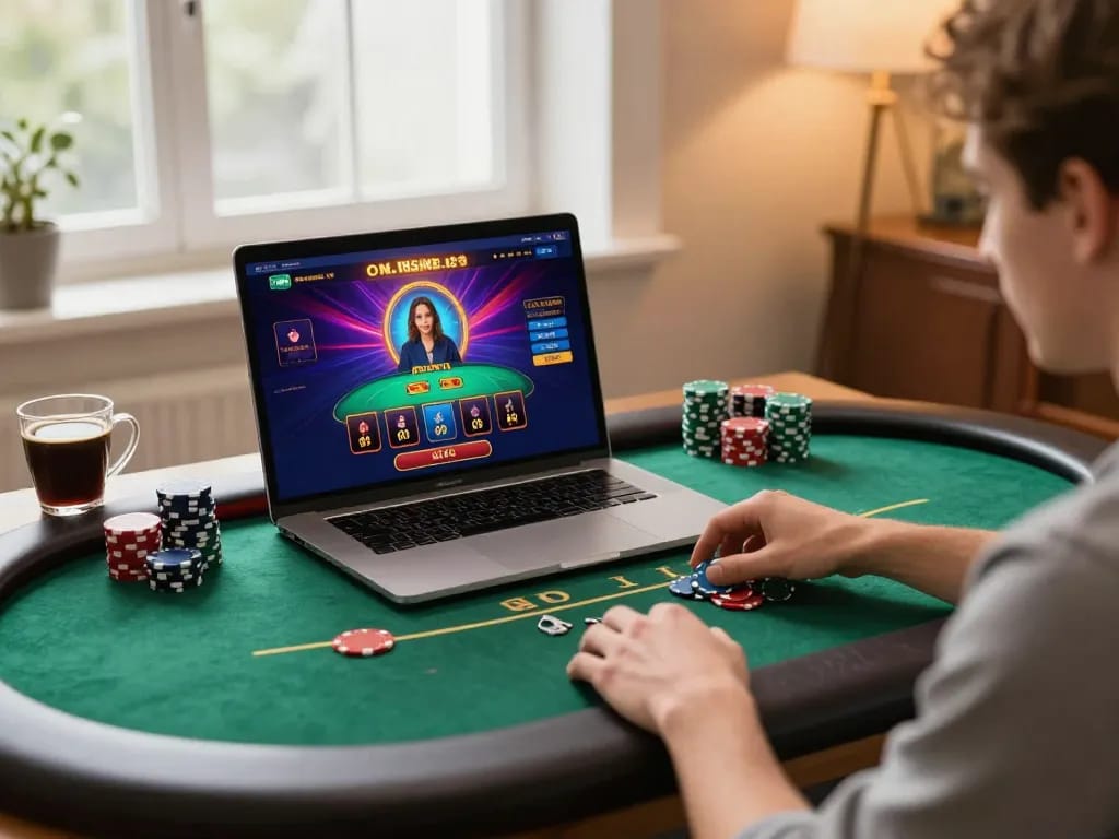 Engage in debet strategies while playing online poker at home with friends.