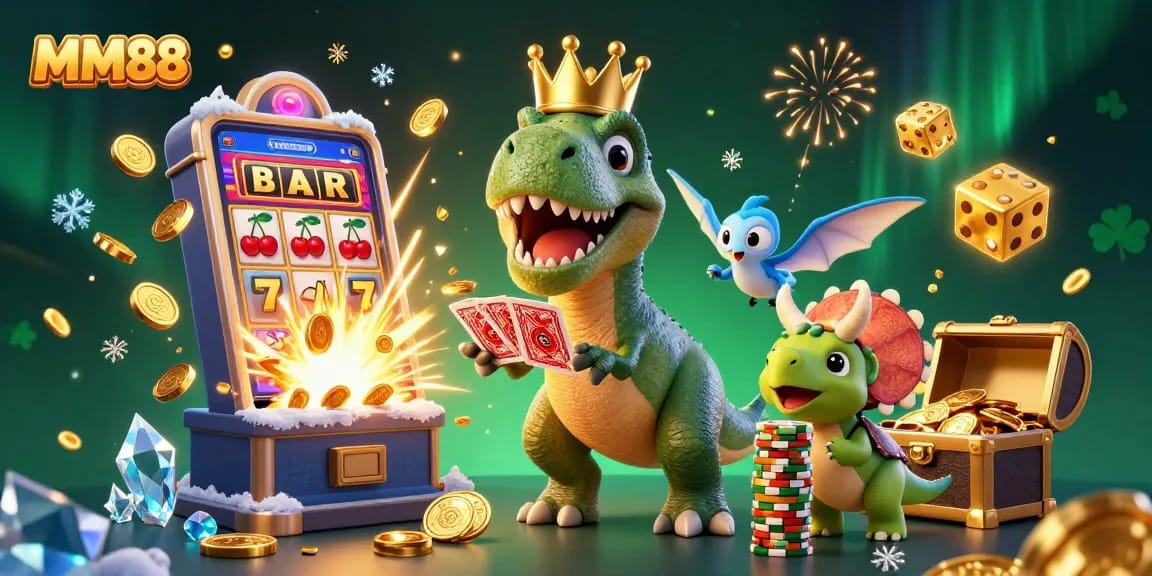 Engage with MM88 through a fun cartoon scene featuring a T-Rex and friends at a vibrant casino.