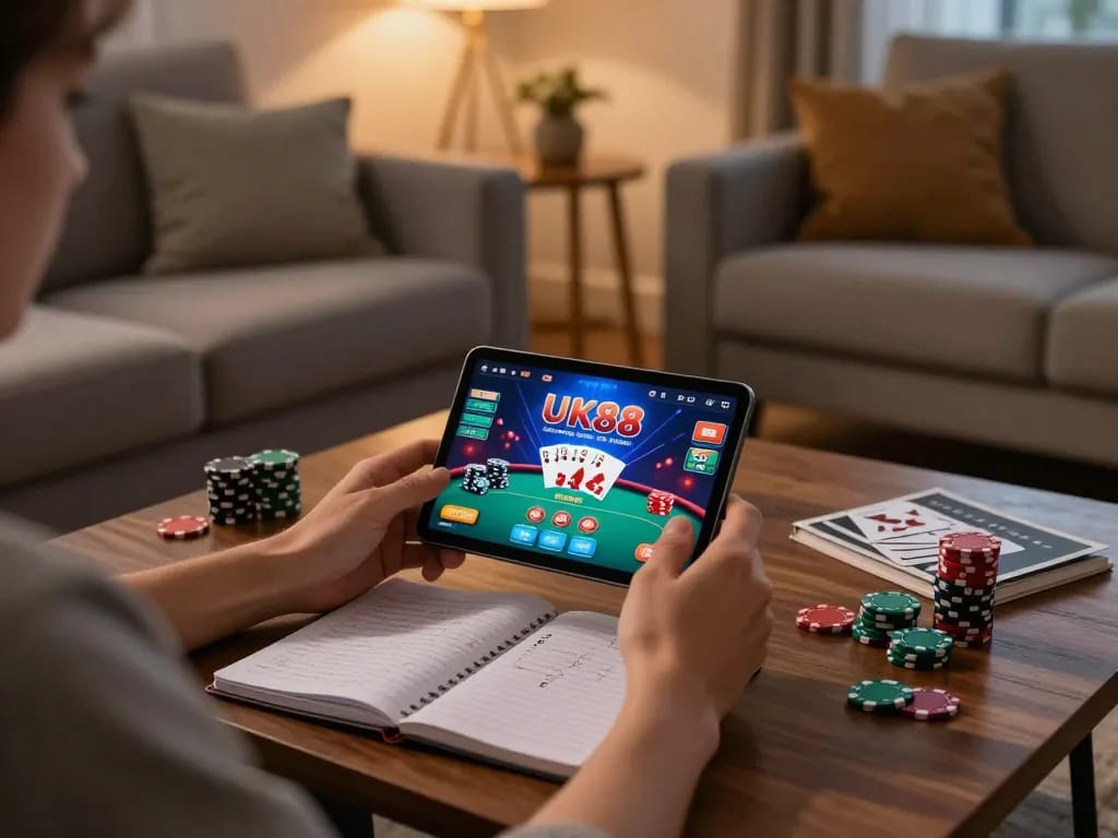 Engaging in online poker with UK88 app on mobile device in a cozy home setting.