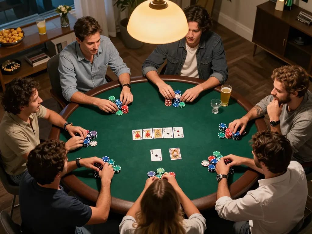 Engage with LGOGOAL at a home poker night, showcasing players in a friendly game atmosphere.
