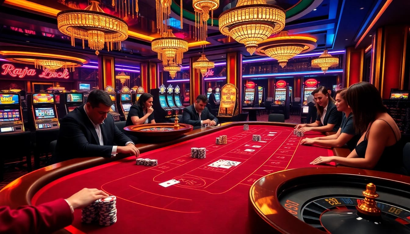 Experience thrilling gambling at RAJA LUCK casino with players celebrating wins at a vibrant baccarat table.