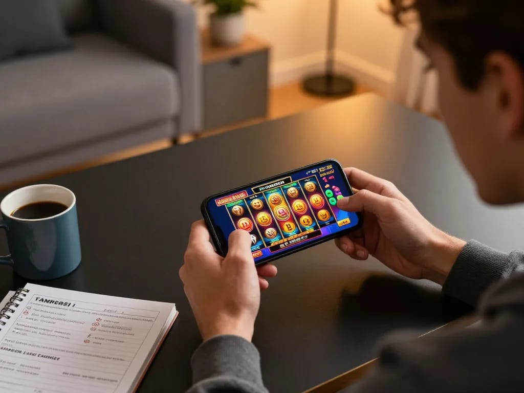 Migliori non AAMS casino gameplay displayed on a smartphone, showcasing vibrant slot game action.