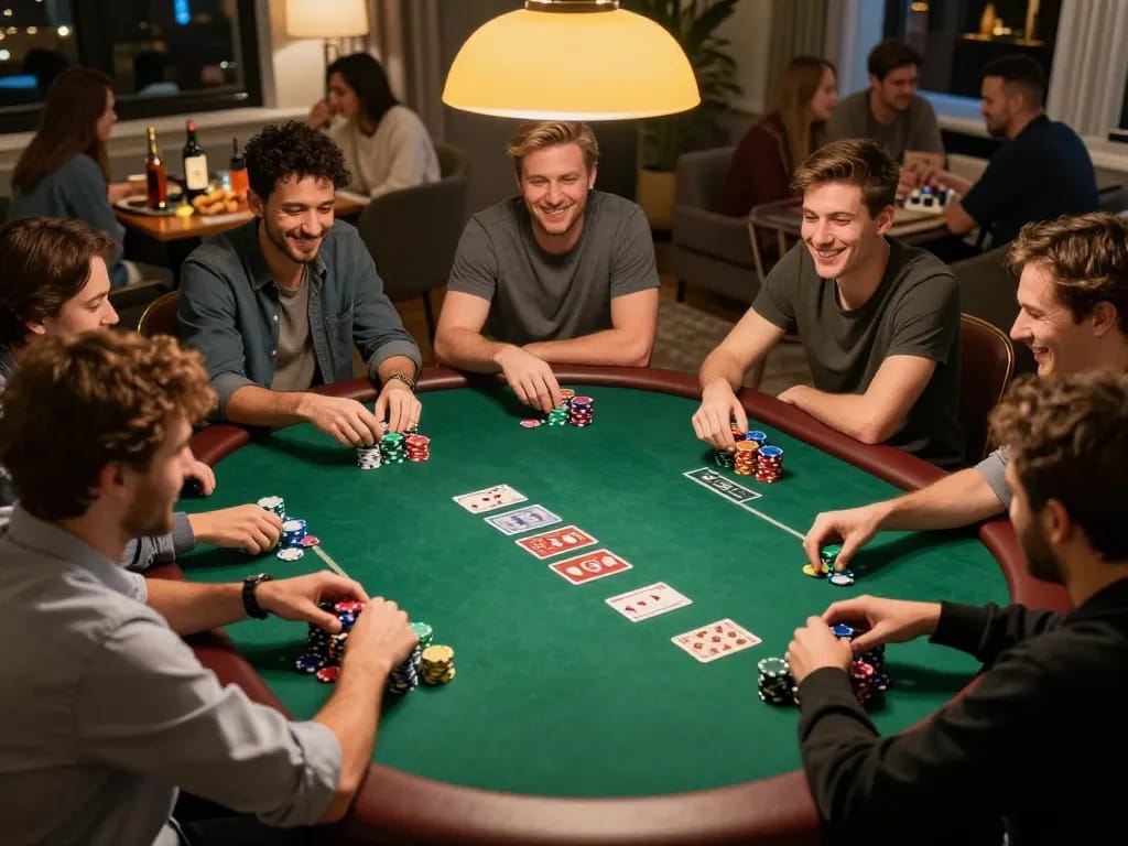 Players enjoy an intense poker game at home with n188 chips and community cards visible