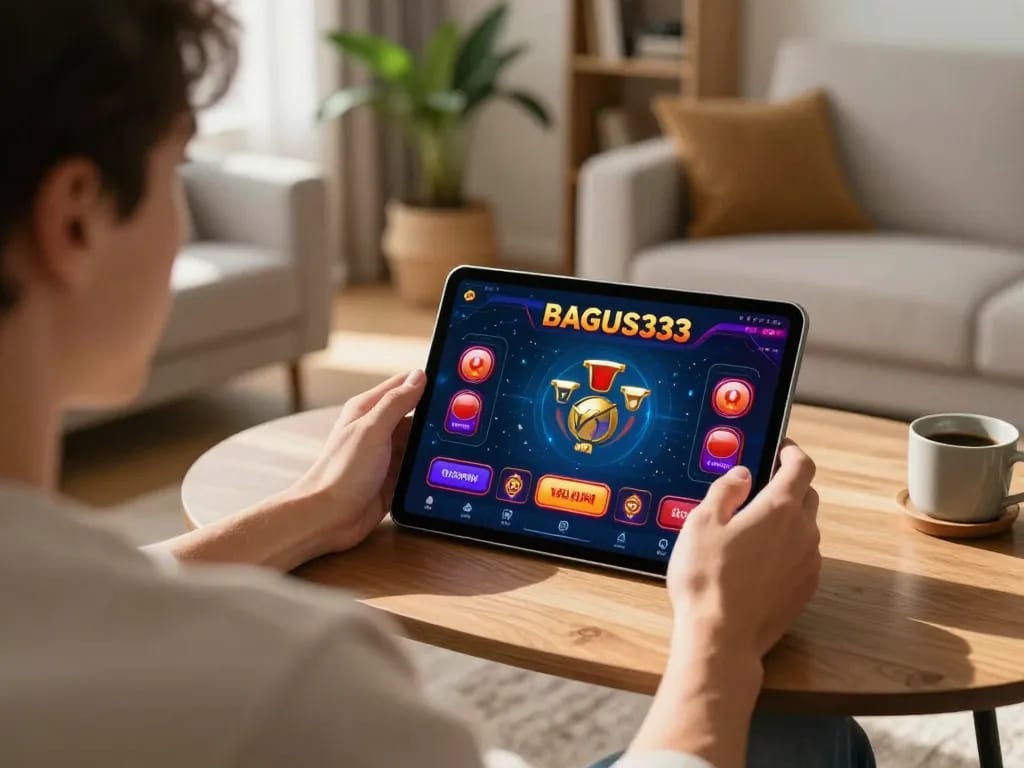 Terlibat dalam permainan dinamis dengan aplikasi kasino BAGUS333 di tablet, terbenam dalam lingkungan permainan di rumah.