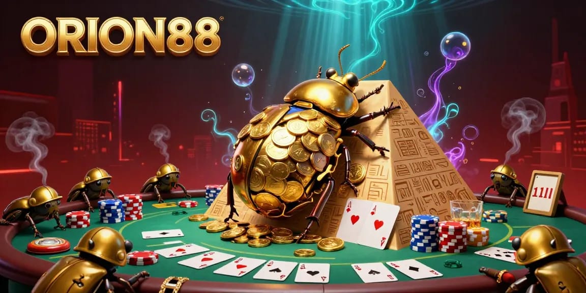Engage with thrilling casino action featuring ORION88's golden beetle amidst a vibrant 3D scene.