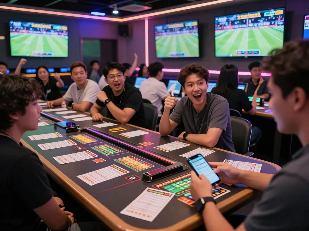 Tỷ Lệ Bóng Đá betting scene with fans placing wagers in an energetic sports lounge