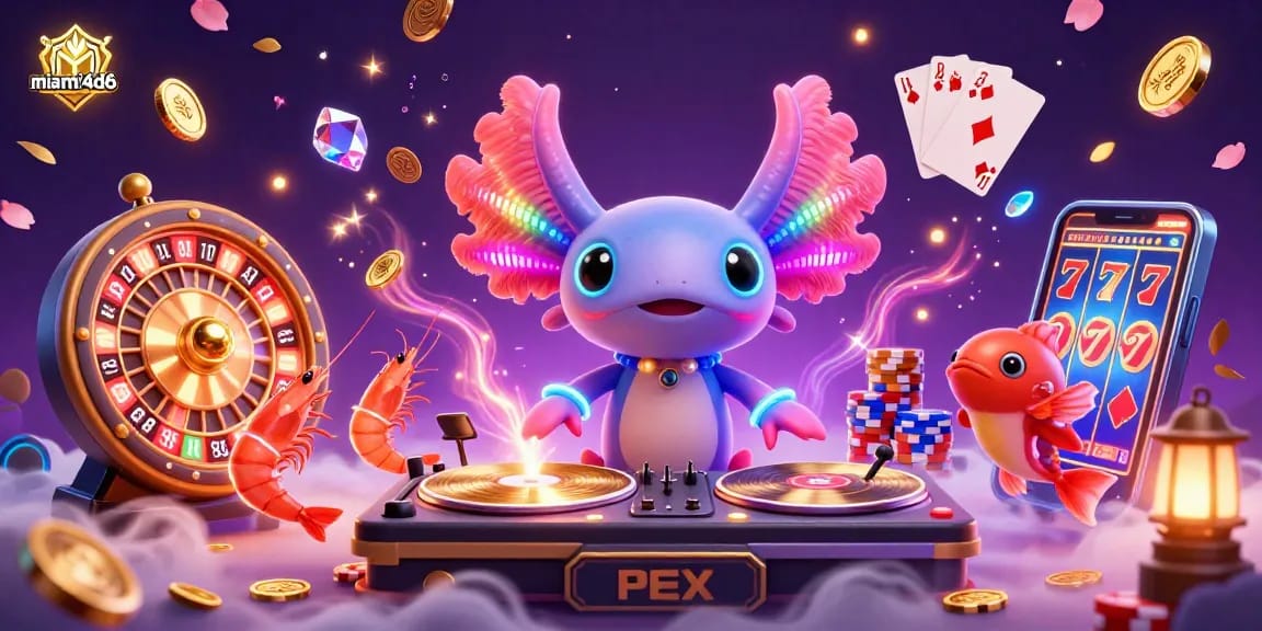 Experience the excitement of miami4d6 with a vibrant illustration featuring a neon-colored DJ and casino symbols.