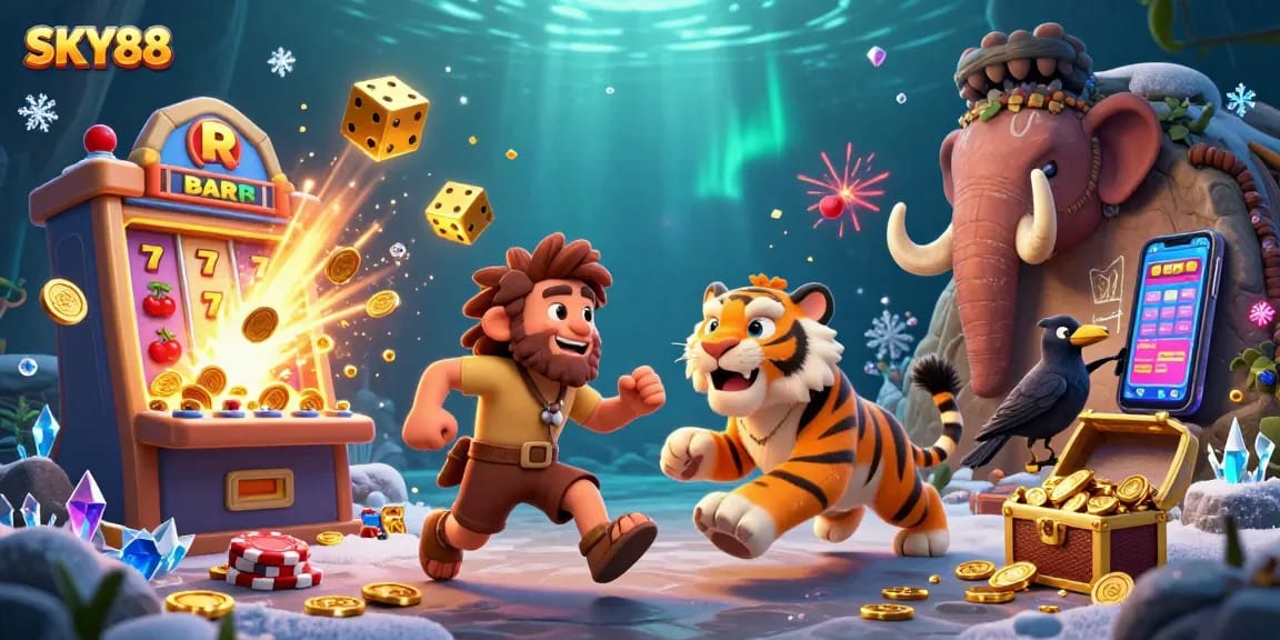 Experience the thrilling ambiance of SKY88's casino with a vibrant prehistoric theme.