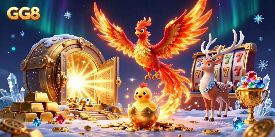 Engage in excitement with GG8 as a phoenix rises over a treasure-filled casino scene.