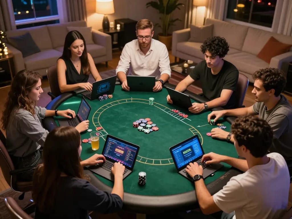 Kuwin players enjoying an online poker night with laptops and drinks in a social environment.