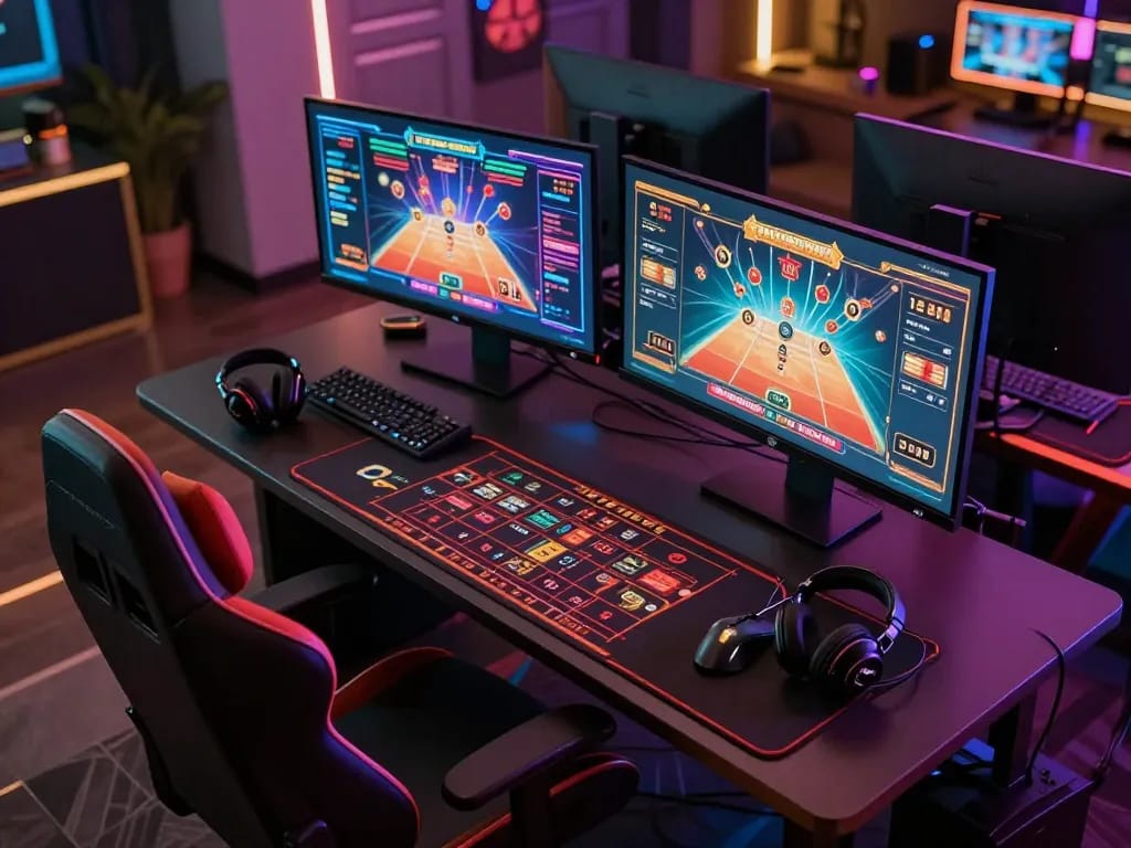 Player engaging in casino games on dual monitors in a stylish home setup, showcasing f8beta2 gaming atmosphere.