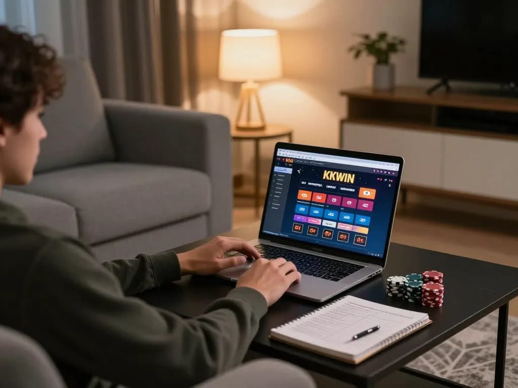 Engaging gaming moment at home with KKWIN interface displayed, highlighting responsible gambling.